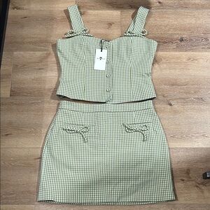 7 For All Mankind Green Checkered Skirt Set with Decorative Bows